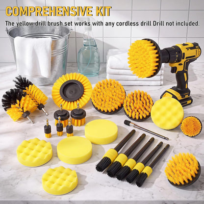 28 Pack Drill Brush Attachment Set, Power Scrub Brushes with Extend Long Attachment for Bathroom, Car Detailing, Sinks, Grout, Floor, Tub, and Kitchen Surface, Scratch Brushes (Yellow)