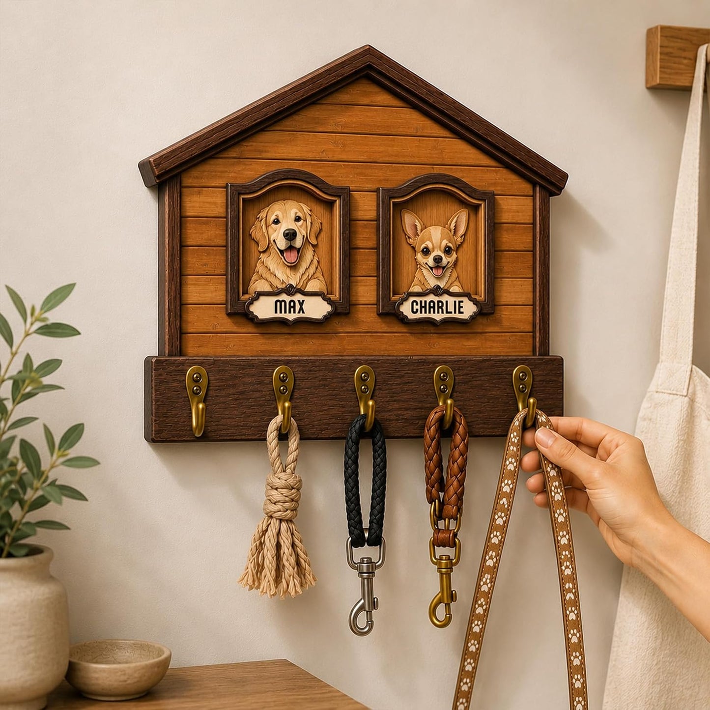 Dog Leash Holder Wall Mount, Pet Harness Hanger with Scrabble Letters, Dog Collar Organizer for Entryway, Memorial Cat Leash Holder for Wall, Pet Loss Gifts, Keepsake, Home Decor PF212-NAT