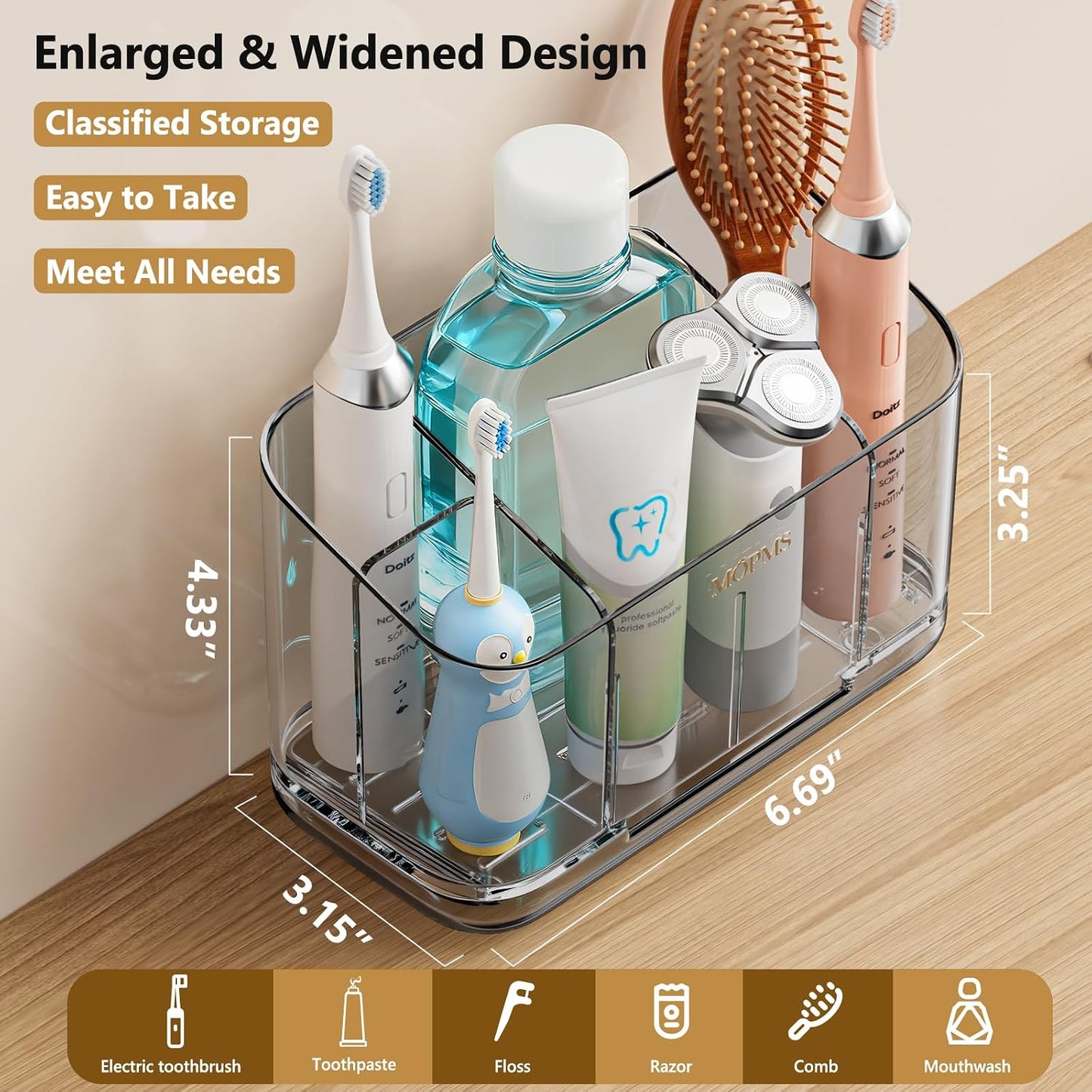 MOPMS Toothbrush Holders for Bathrooms with 5 Slots Adjustable Dividers | Electric Tooth Brush and Toothpaste Holder with Drain Tray for Easy Clean, Wall Mounted & Countertop Organizer for Shower