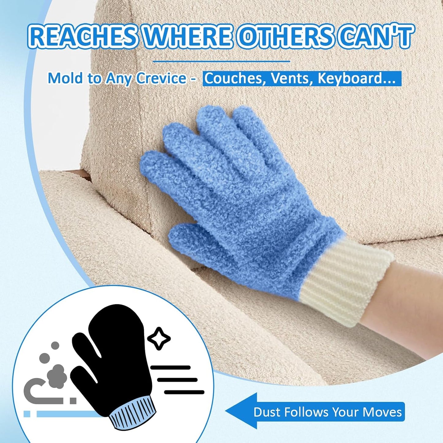MIG4U Microfiber Dusting Gloves House Cleaning Glove for Blinds, Windows, Shutters, Furniture, and Car, Reusable Lint-Free Blue 1 Pair S/M