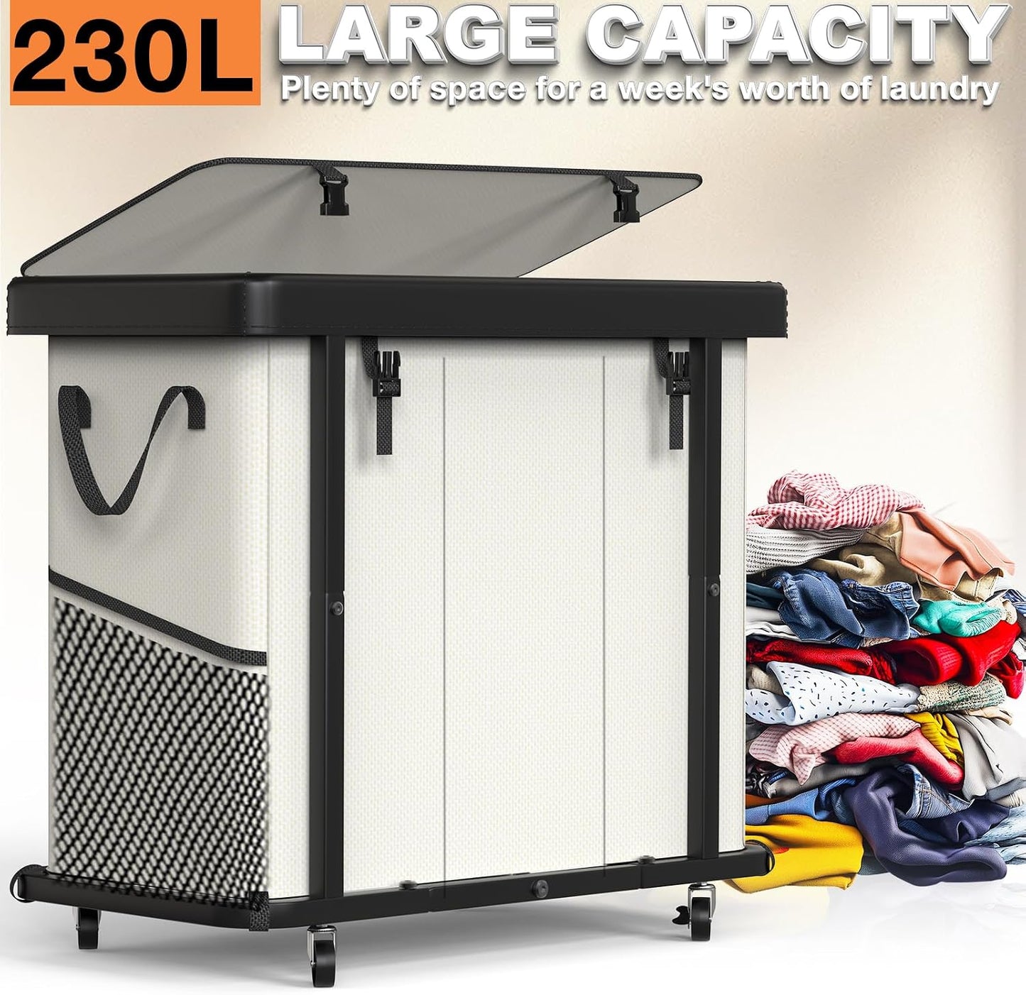 Laundry Hamper with Wheels,150L Leather Patchwork Clothes Hamper Black | Rolling Laundry Basket with Sturdy Metal Frame, Removable Washable Bag,Tall Clothes Sorter for Bedroom, Laundry Room, Dorm