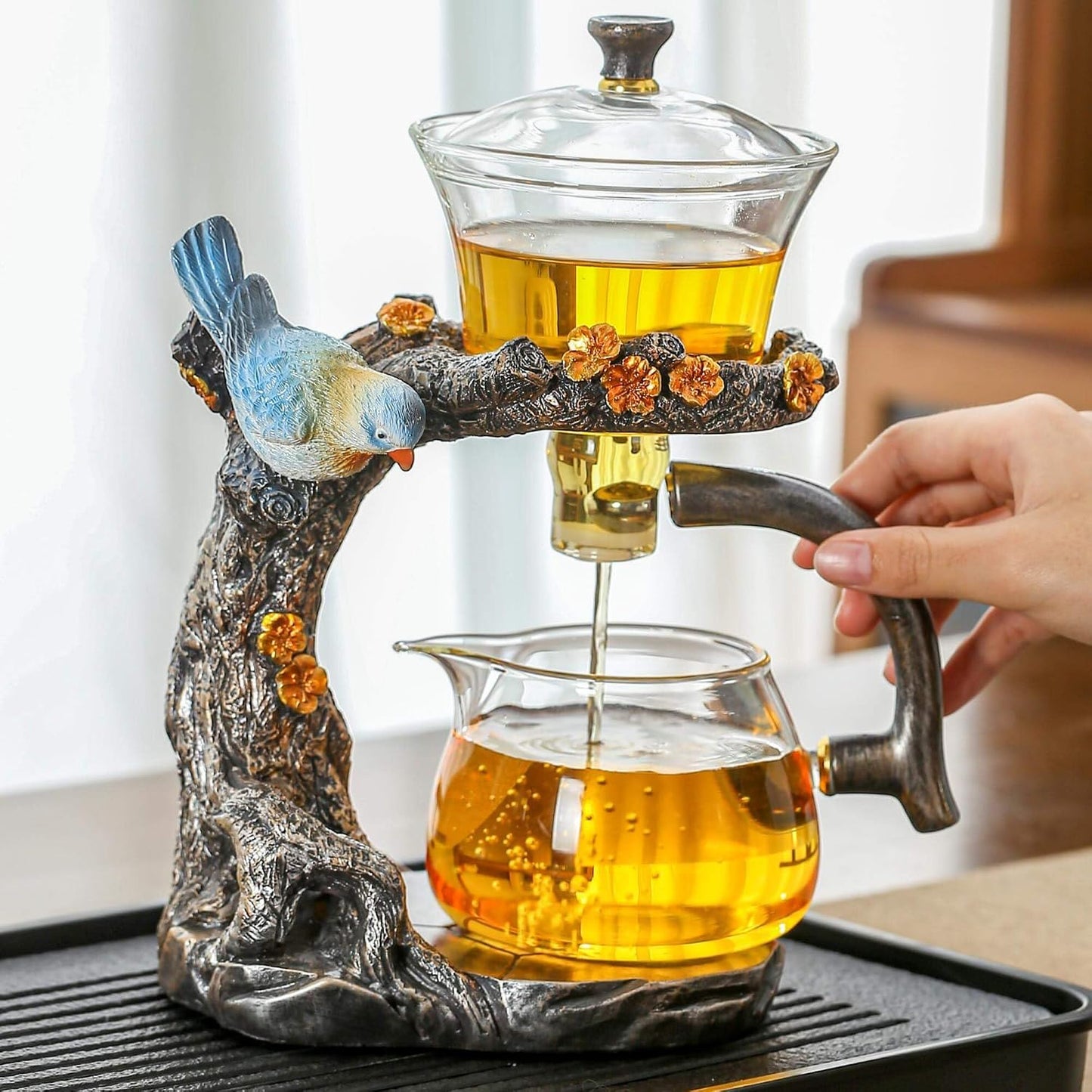 Glass Kungfu Teapot Set Tea maker with Infuser Semi Automatic Tea Set with 6 Small Cups (Red)