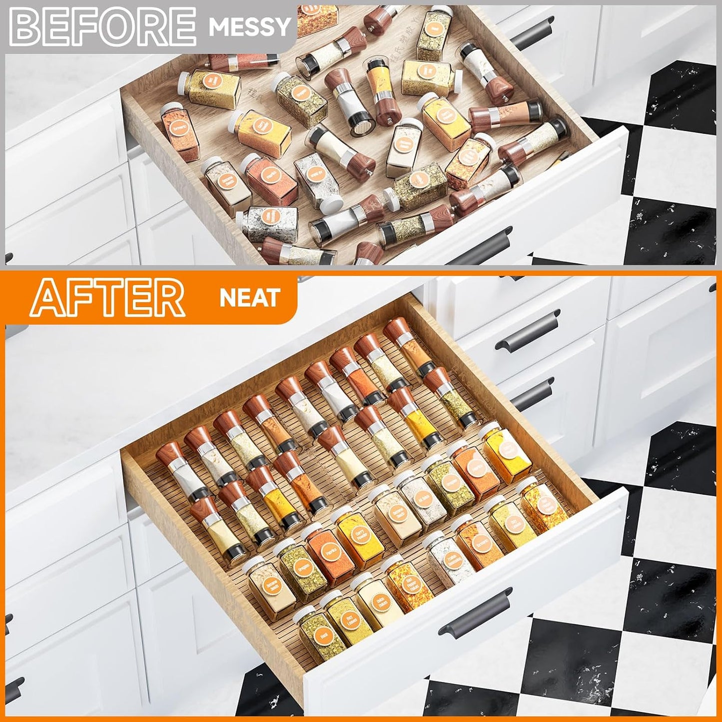 8 Pack Adjustable In Drawer Spice Organizer - Expandable From 11'' to 22'' - Acrylic Drawer Seasoning Organizer,Clear Spice Organization Tray for Cabinet Drawers Condiment,Nail Polish and Jar