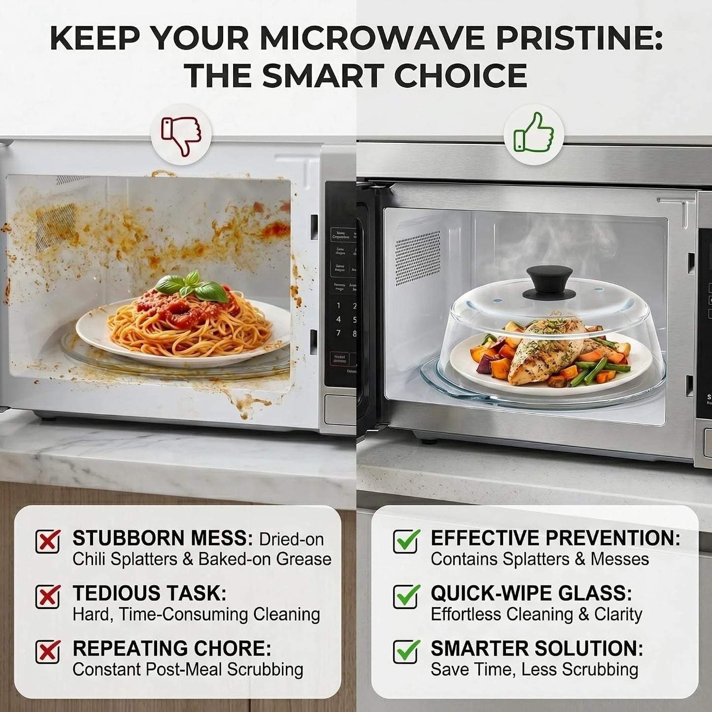 9.5 Inch Borosilicate Glass Microwave Splatter Cover with Silicone Mat | Clear microwave cover for food with dual vents keeps meals visible while helping reduce splatter and steady plates