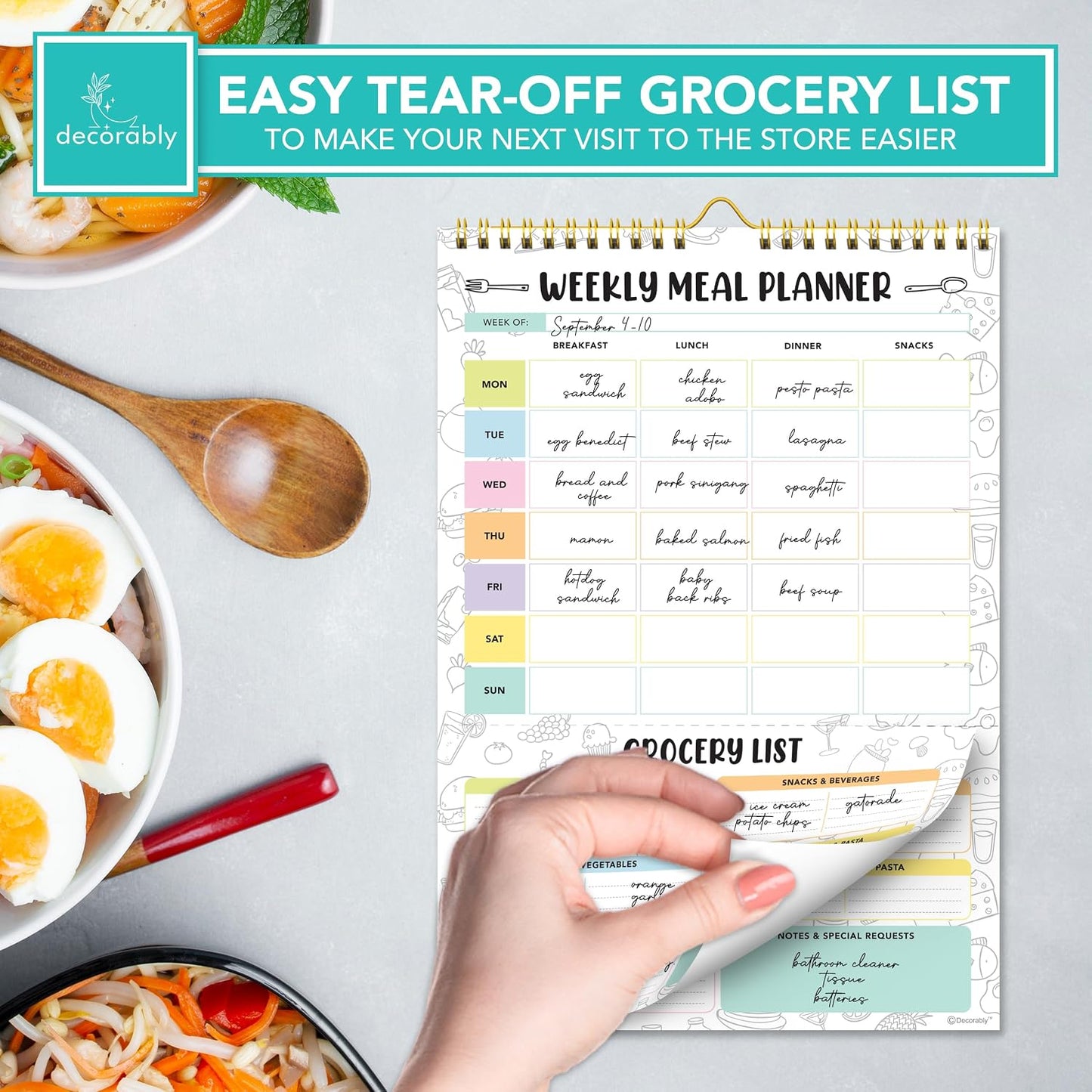 Decorably 52 Sheets Pastel Rainbow Magnetic Weekly Meal Planner for Fridge | 7x10in Undated weekly meal planner and grocery list notepad, 100gsm non-bleed tear-off pad for kitchen & family meal prep