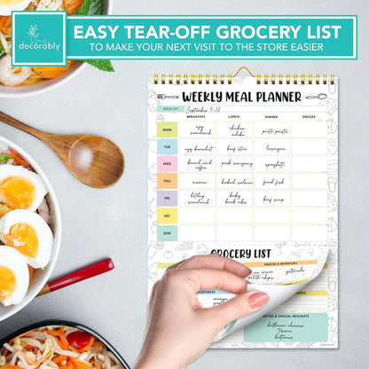 Decorably 52 Sheets Pastel Rainbow Magnetic Weekly Meal Planner for Fridge | 7x10in Undated weekly meal planner and grocery list notepad, 100gsm non-bleed tear-off pad for kitchen & family meal prep