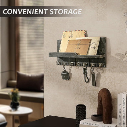 Rebee Vision Key Holder Wall Mount with 5 Key Hooks for Home Decor, Brown | 3.54'' x 10'' x 7.28'', Small Shelf for Display Plant, Key Hangers for Hat, Entryway Space-Saving Storage