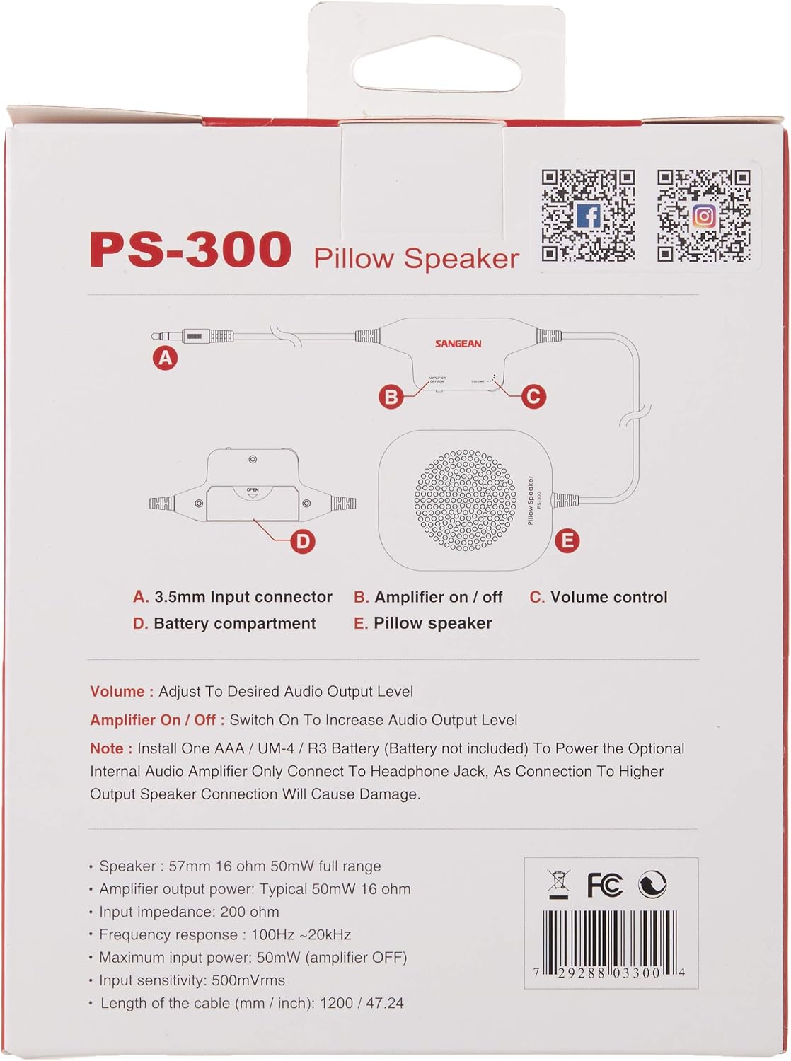 Sangean America, Inc. PS-100 Pillow 3.5mm Aux Portable Speaker, White, One Size