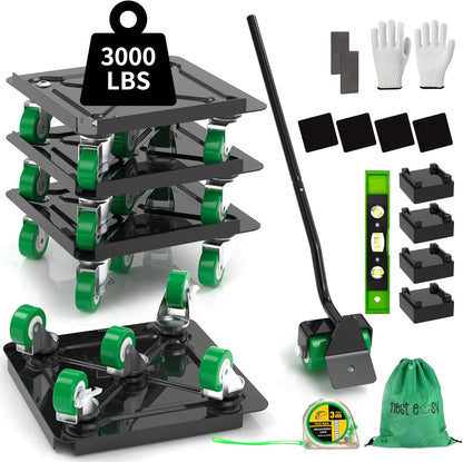 Heavy Duty Furniture Dolly 360 Rotate 5 Wheels 3000 Lbs Capacity 5.3x5.3 in | Furniture Movers with Green Wheels, Measure Tape & Leveler, Alloy Steel Furniture Lifter Tool for Smooth Home & Office Uses