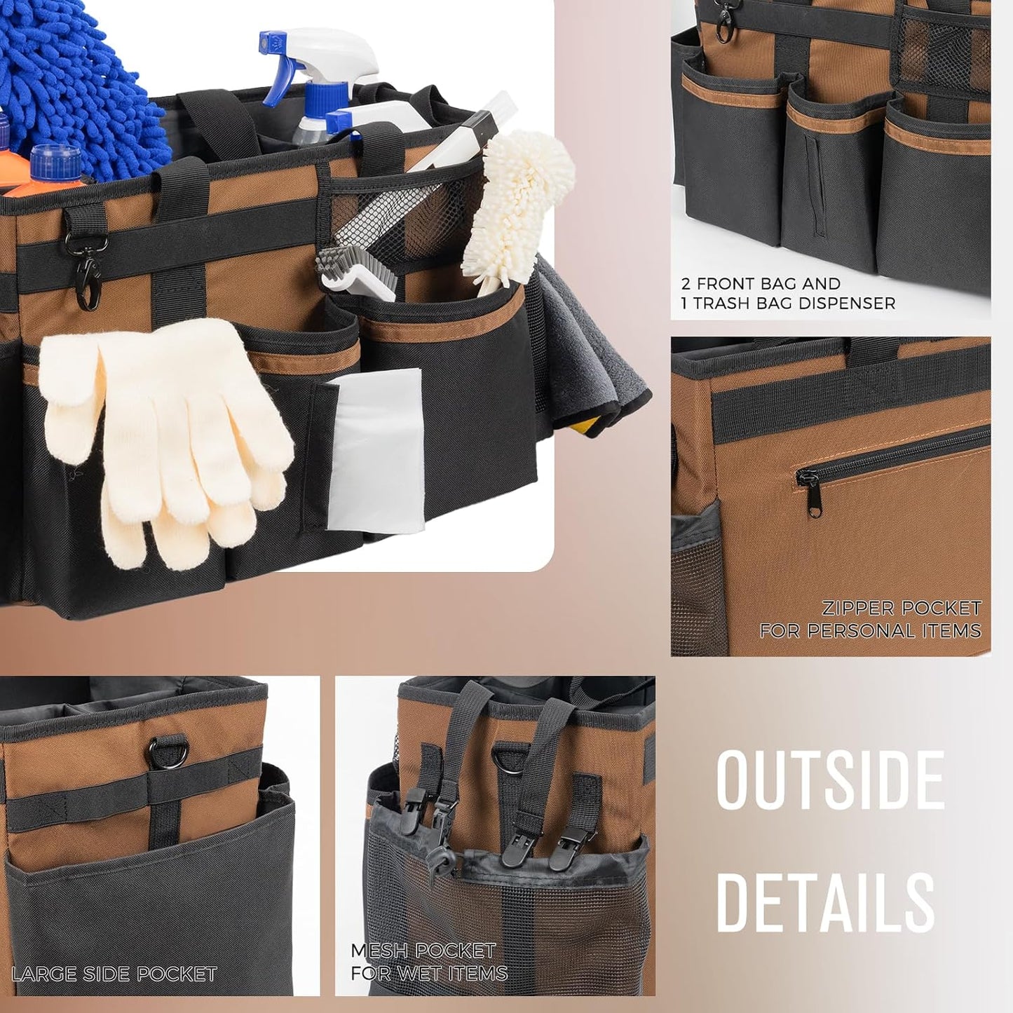 SCAVATA Wearable Cleaning Caddy, Cleaning Caddy Supplies Organizer with Handle & Shoulder Straps for Housekeepers, Under Sink & Car Cleaning Tool Organizers Bag with 4 Foldable Divider (NavyBlue)