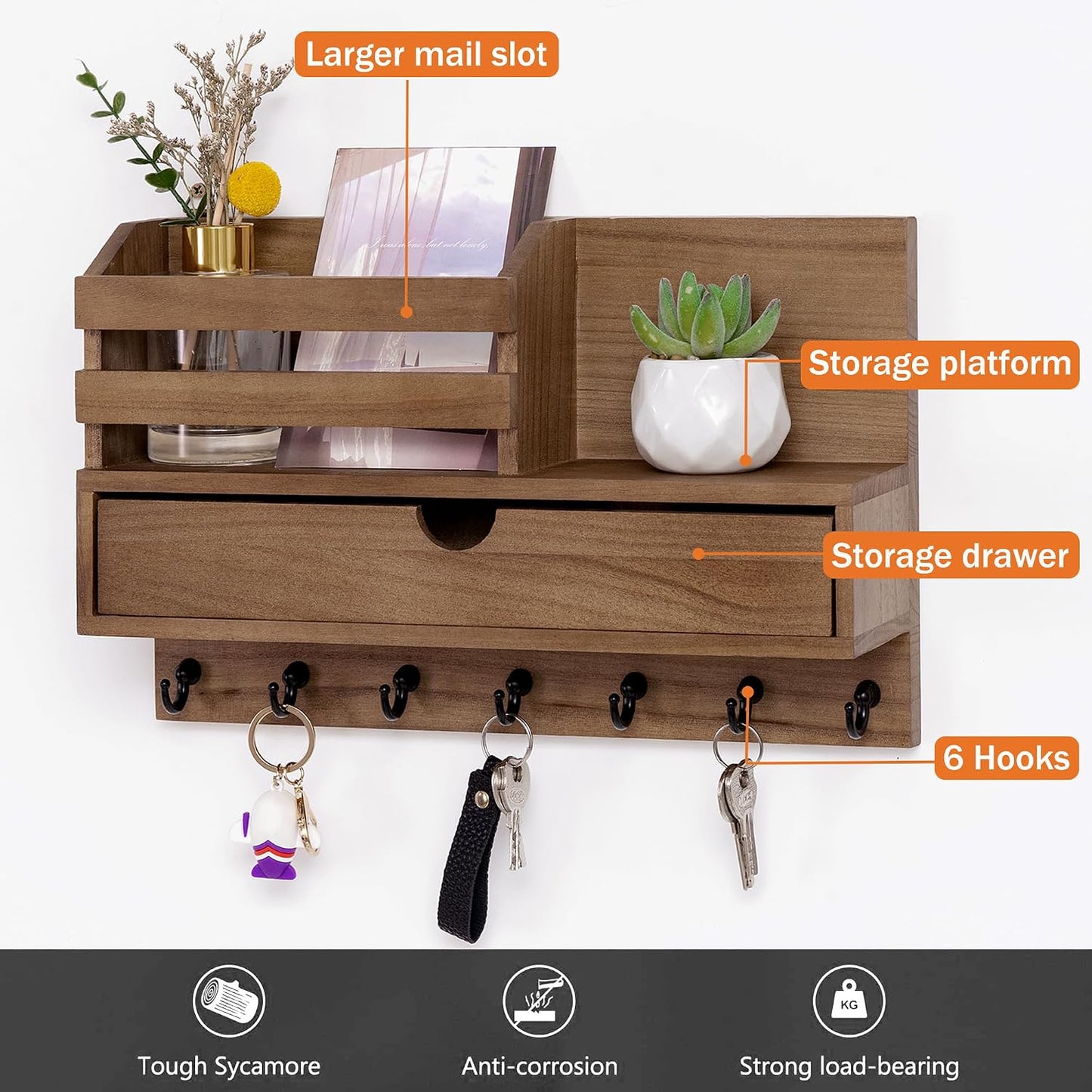 dreampossible Key and Mail Holder for Wall, Mail Organizer Wall Mount with 6 Hooks and Storage Drawer, Wooden Key Rack Hanger with Shelf for Entryway and Home Decor
