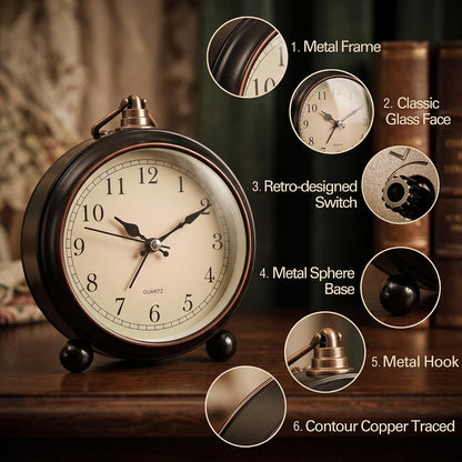 TooTa Vintage Retro Analog Alarm Clock, 4.5 inch Super Silent Non Ticking Small Clock with Night Light, Battery Operated, Simply Design, for Living Room, Bedroom, Bedside, Desk, Gift Clock (Arabic)