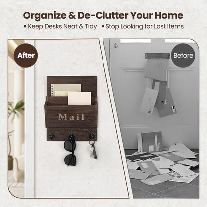 Mail and Key Holder, Wall Key Holder with 2 Mail Organizer Slot and 3 Hooks | Decorative 8.86" x 11.42" Mail Holder, Real Paulownia Wood with Keyhole Brackets, Hardware and Instructions
