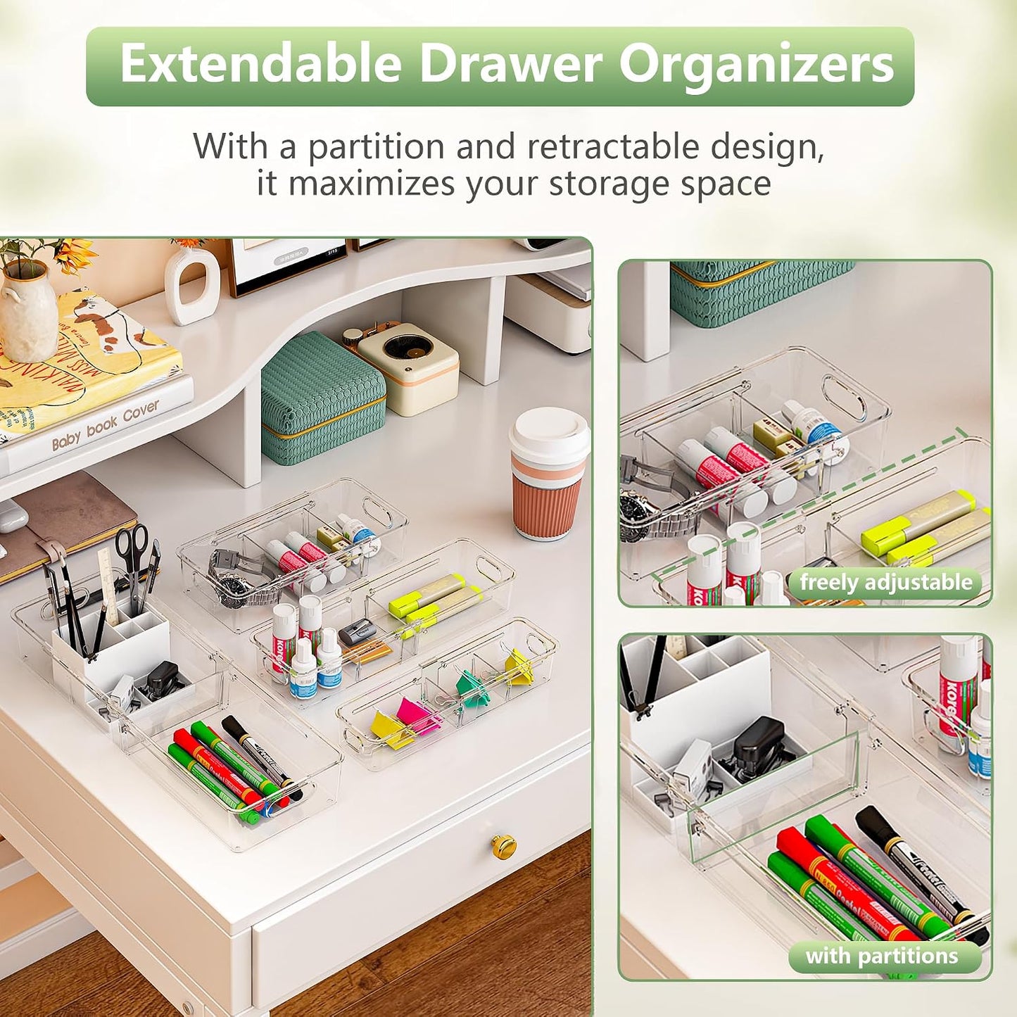BLULEE 4-in-1 Expandable Drawer Organizer Set, Adjustable Clear Bins | with Dividers for Kitchen, Bathroom, Vanity & Office, Scalable Trays for Cosmetics, Utensils & Desk Accessories (4 Pcs)