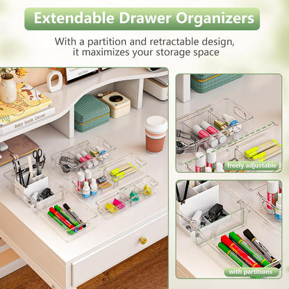 BLULEE 4-in-1 Expandable Drawer Organizer Set, Adjustable Clear Bins | with Dividers for Kitchen, Bathroom, Vanity & Office, Scalable Trays for Cosmetics, Utensils & Desk Accessories (4 Pcs)