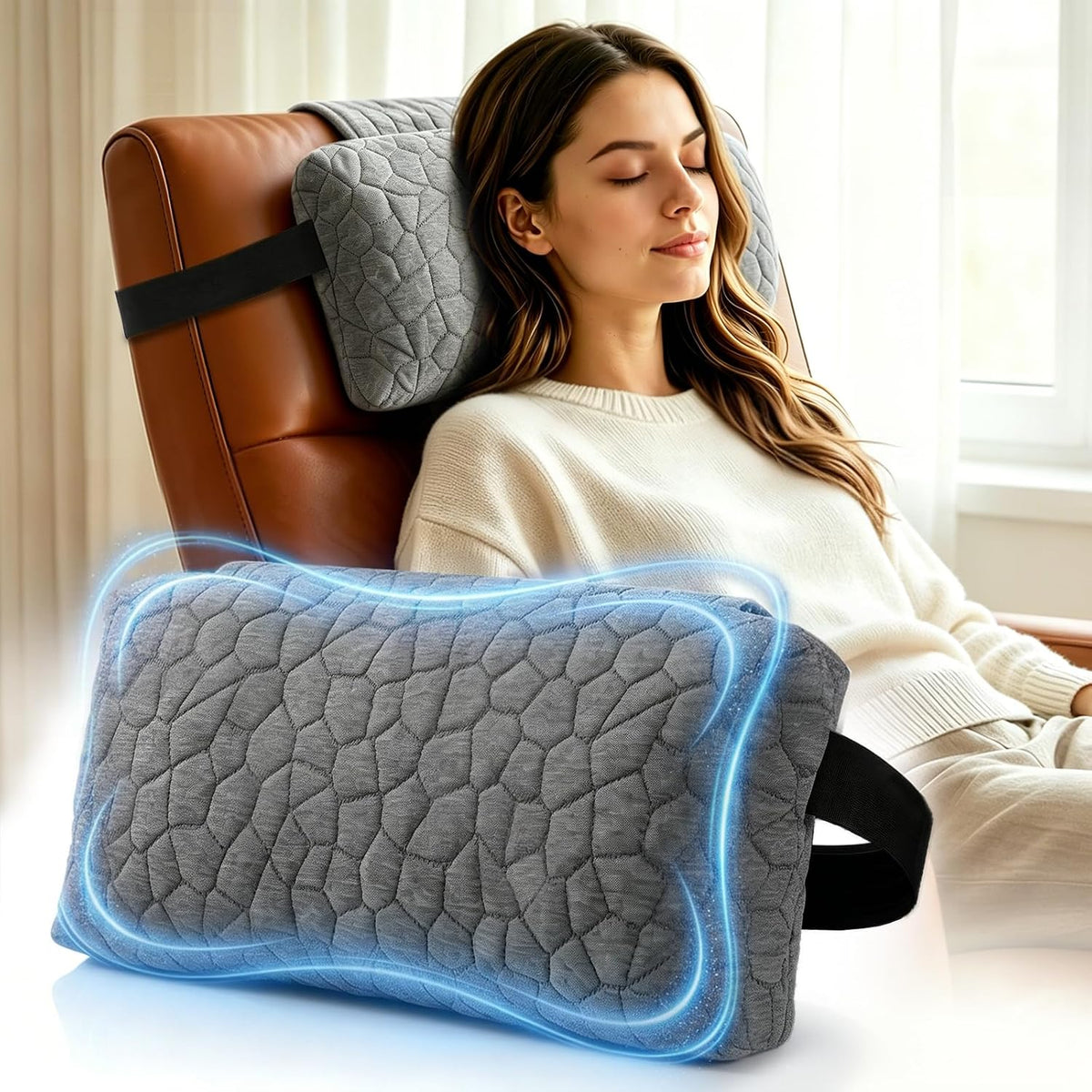 SUPA MODERN Adjustable Headrest Pillow for Recliner, Armchair & Sofa – Breathable, Non-Slip Shredded Memory Foam with Washable Cover for Neck Support & Pain Relief (Straps)
