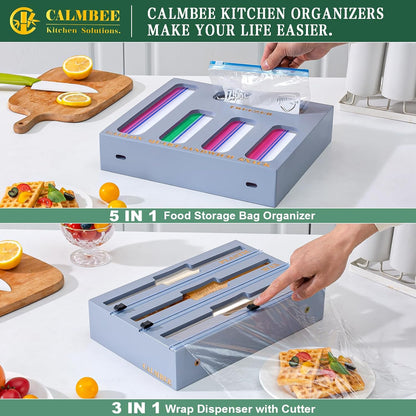 Calmbee 9 in 1 Bamboo Storage Bag Organizer for Kitchen Drawer – Plastic Wrap Dispenser with Cutter & Foil Organizer, Wooden Baggie Organizer for Sandwich, Snack, Gallon, Quart Sizes, Natural