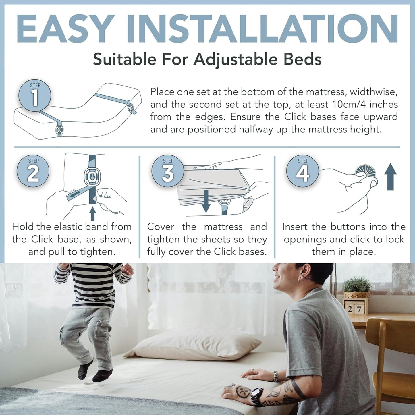 Click Bed Clips to Hold Sheets - Sheet Clips & Straps Keep Sheets in Place Firm & Tight on Single and Twin Bed, Heavy Duty Sheets Holders & Mattress Clips to Keep Sheets on Single & Twin Beds