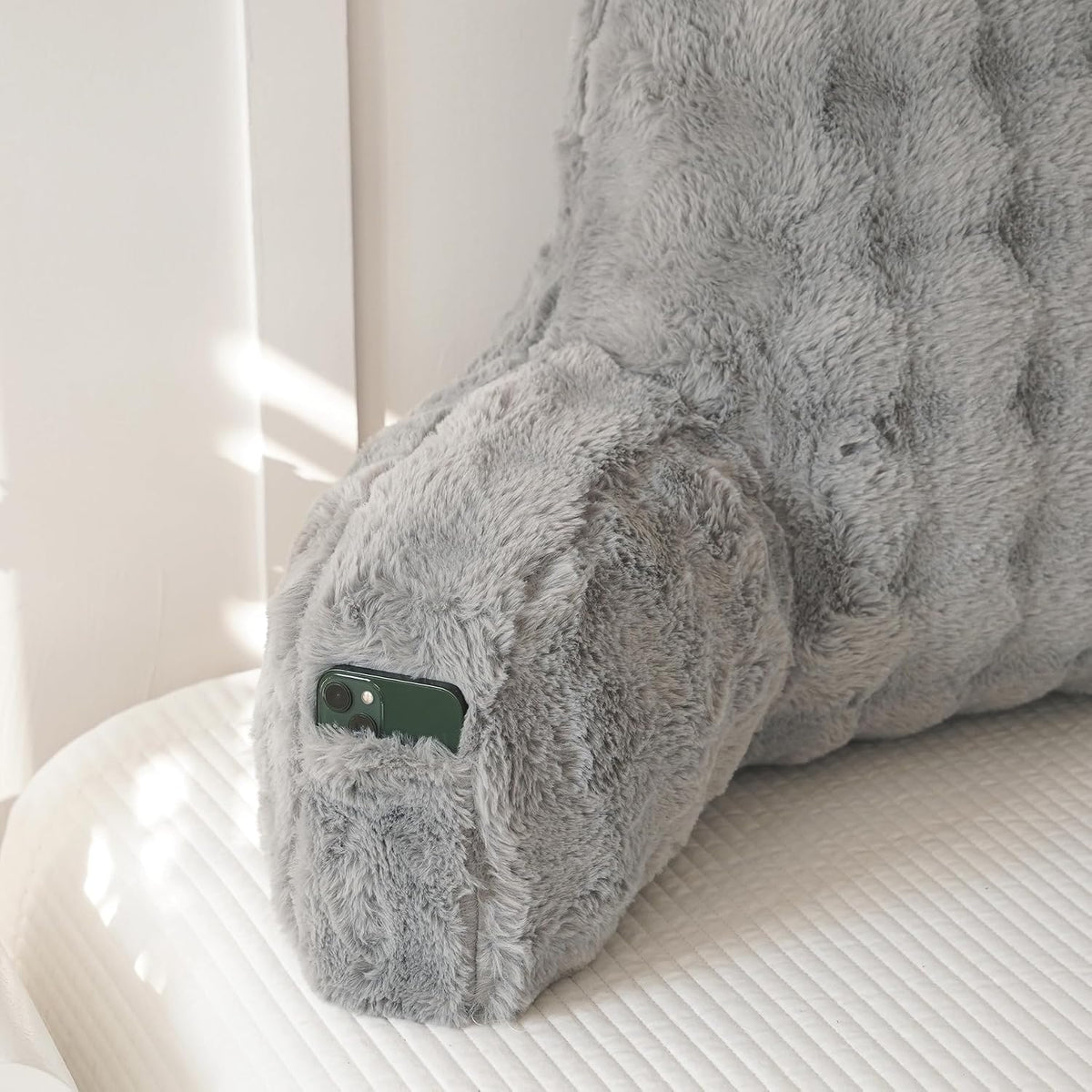 Faux Fur Reading Pillow for Sitting in Bed, Large Backrest Bed Pillow with Arms, Back Support Pillow for Lounging Bedrest, Beige