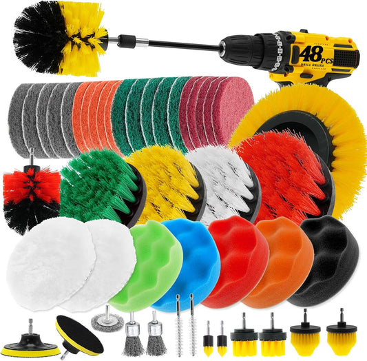 48 Pcs Drill Brush Attachments Set, Scrub Pads & Sponge & Wire Brush for Drill, Power Scrubber Brush with Extend Long Attachment, Drill Scrubber Brush Kit for Bathroom, Floor, Car, Grout