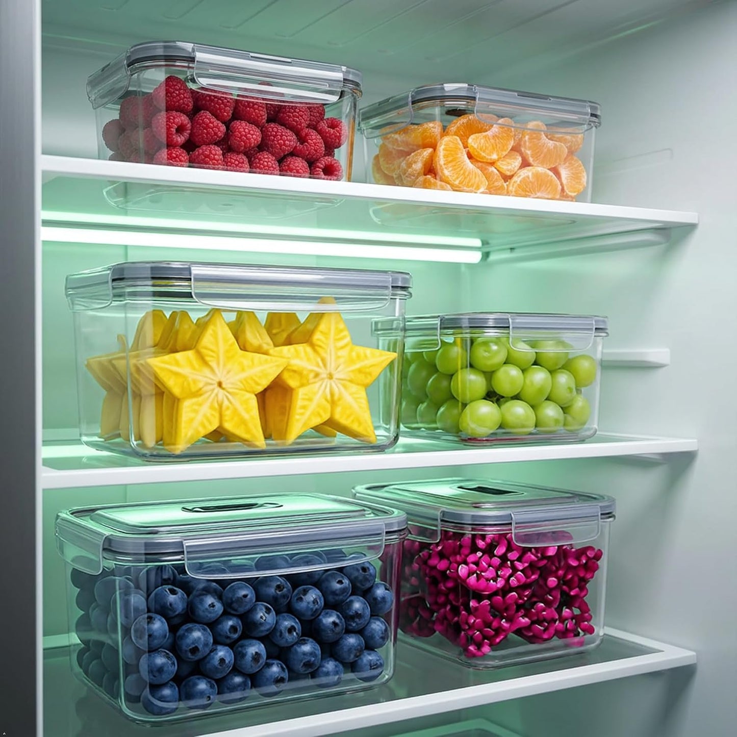 KUK 4 Pack Fruit Storage Containers for Fridge, Leakproof Food Containers with Removable Colander, Fruit Containers for Fridge BPA Free Produce Containers Keep Vegetables Berry Meat Fresh Longer