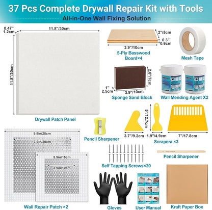 Drywall Repair Kit with 12"x12" Dry Wall Repair Panel, 33-in-One Drywall Patch Kit Wall Patch Repair Kit with Spackle, Mesh Tape, Putty Knives & Sanding Block for Wall Surface Ceiling Large Hole Fill