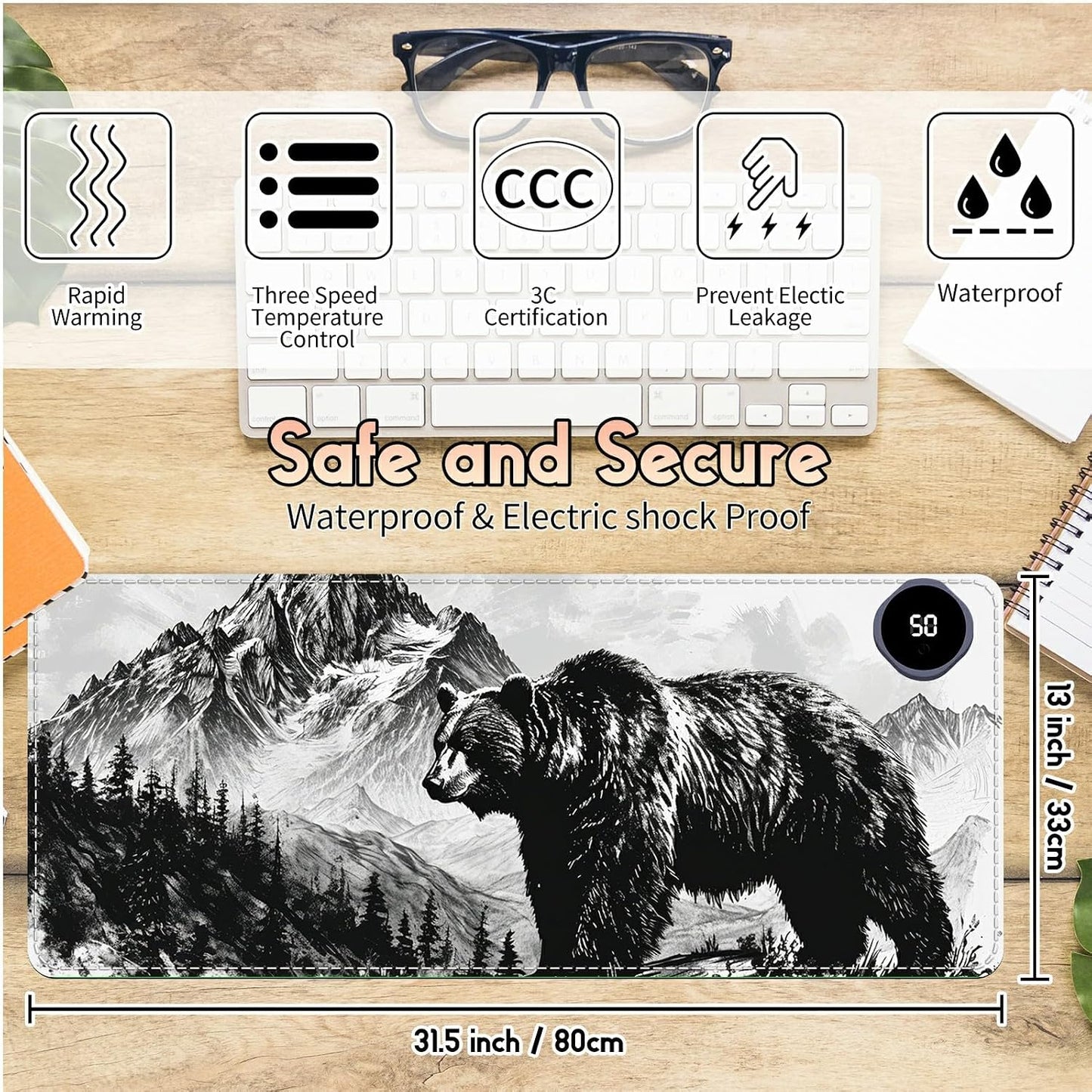 Heated Desk Pad Heated Large Mouse Pad, Electric Quickly Warm Desk Mat with 3 Levels Heating 3 Hours Auto Shut-Off, 31.5" x 13" Warm Gaming Mousepad Hand Foot Warmer, Baby Elephant