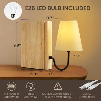 AELS Solid Wood Bookshelf Lamp with Bulb, Cordless Rechargeable Touch Dimmable Table Lamp with Linen Fabric Shade, Modern Decorative Bookend Lamp for Bedroom, Office & Bookshelf Decor, Dark Brown