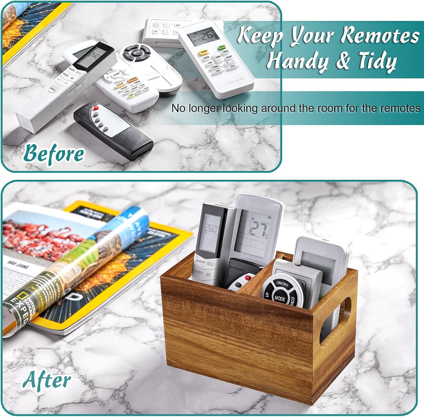 DRASTAR Remote Control Holder, Wood TV Remote Holder, Remote Storage Caddy, Remote Control Organizer (Black, 2 Slots)