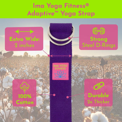 Adaptive Yoga Strap for Stretching - Extra-Wide 2 Inches 100% Cotton Stretch Strap with Steel D-Rings for Physical Therapy, Pilates & Flexibility - Storage Pouch & E-Book