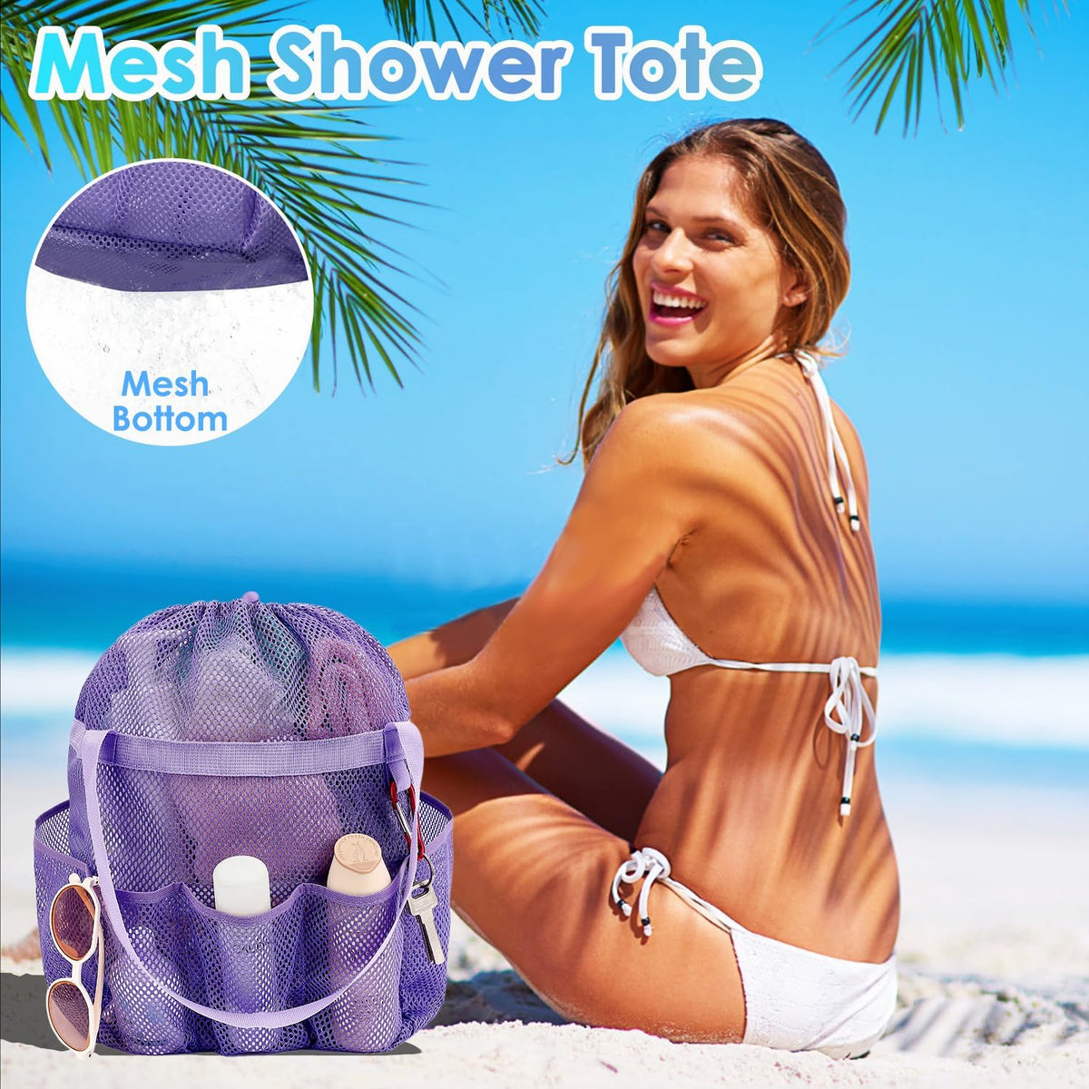 Fammart Mesh Shower Caddy Portable with Drawstring, Dorm Room Essentials for College Girls Guys, 8-Pocket Extra Large Shower Bag Basket Tote for Camping Beach Gym Travel Toiletry Bathroom