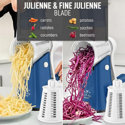 Zulay Kitchen Rotary Cheese Grater 5 Blade Cheese Shredder - Manual Hand Crank Cheese Grater With Reinforced Suction & 5 Interchangeable Drums - Easy to Use, Vegetable Chopper Round Mandoline Slicer - Colors A