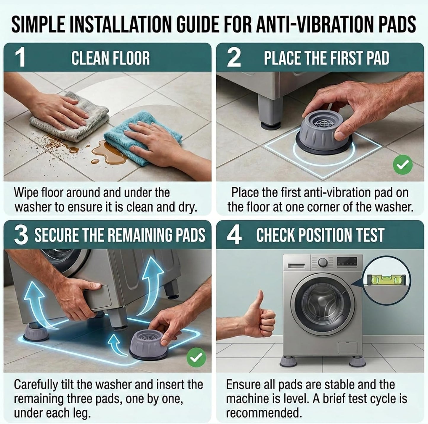 Anti Vibration Pads for Washing Machine, Washer Stabilizer and Dryer Bumper Pads - Appliance Anti Vibration Pads to Prevent Walking, Riser Feet, 4 Pack