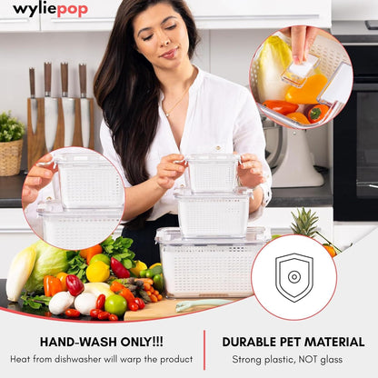 Premium Fruit Storage Containers for Fridge with Veggie Peeler – 3-in-1 Produce Containers for Fridge with Strainer & Removable Colander – Large, Clear Fruit and Vegetable Storage Organizer (Set of 3)