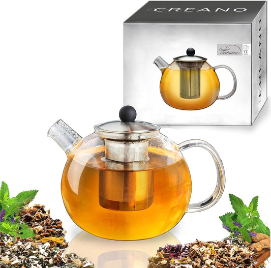 Creano glass teapot 58oz (1700ml), tea maker with integrated stainless steel infuser and glass lid, ideal for preparing loose teas, drip-free, all-in-one