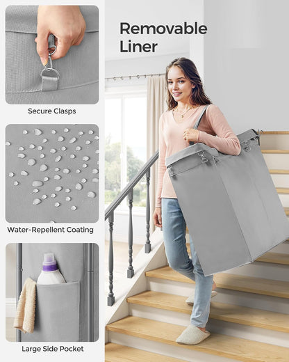 SONGMICS Laundry Basket with Wheels, 4-Section Rolling Laundry Hamper, 68.6 Gallons (260 L), Removable Liner, Steel Frame with Handle, 43.3 x 15.4 x 31.9 Inches, Cream White URLS014W01