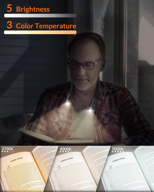 LEPOWER-TEC Book Light, 3-Color & 5-Brightness, Reading Neck Light Bendable