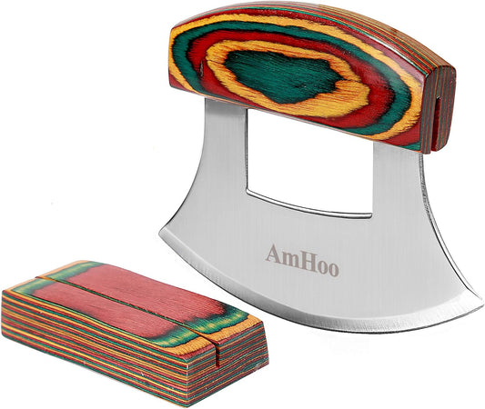 Pizza Cutter Chef Mezzaluna Ulu Knife Handle Color Wood Grip Sharp Rocker Slicer Stainless Steel Blade Salad Onion Vegetable Chopper with Holder Base Christmas Gifts