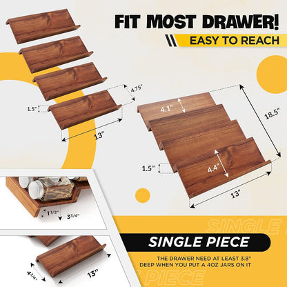 Tinamo Acacia Wood 4-Tier Spice Rack Organizer for Cabinet, Pack of 8 Pcs | Solid Acacia Wood Construction, No assembly, Stackable 4-tray design, Spacious for up to 64pcs 4oz Jars, Easy to Clean