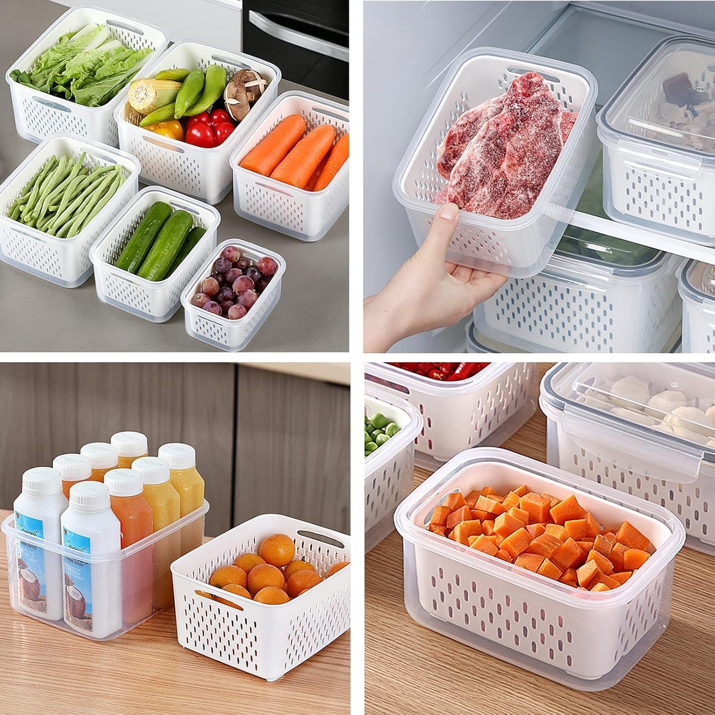 3-Pack BPA-Free Food Storage Containers with Lids & Removable Strainer – Airtight Fridge Organizer & Fresh Produce Keeper for Fruits, Vegetables & Meat, Dishwasher & Freezer Safe (0.85L, 1.75L, 3.3L)