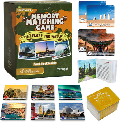 Menique Explore the World Memory Matching Game – Geography Game with 100 Photo Cards, 50 Countries, Flags & Landmarks – Travel Card Game with Educational Booklet, Ages 3+