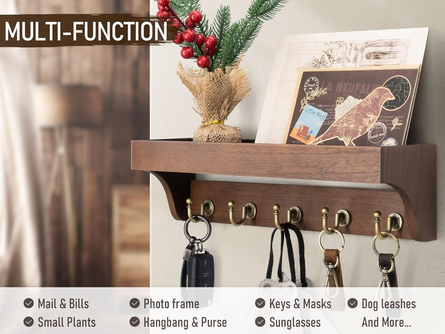 Rebee Vision Key Holder Wall Mount with 5 Hooks for Entryway, Retro Brown | Display Shelf for Plant & Letters, Key Shelf for Hats, Dog Leashes, Mail Organizer, Decorative Entryway & Living Room