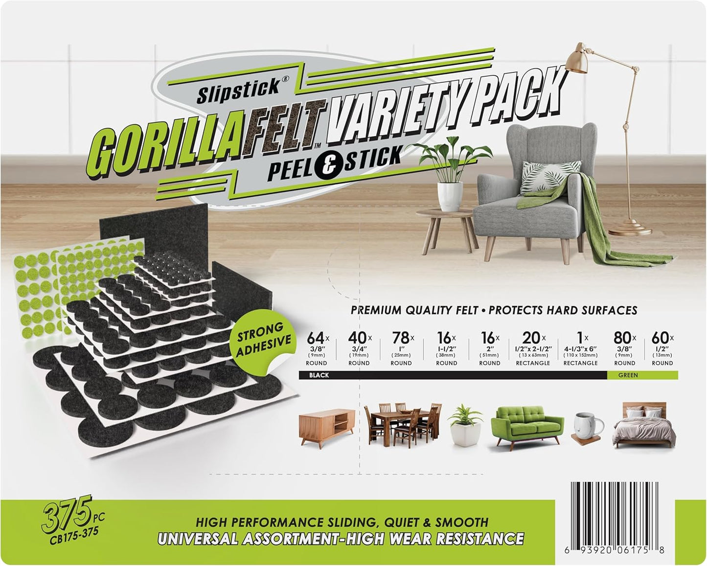 Slipstick Gorilla Felt Furniture Pads (189 Piece Variety Pack) Premium Furniture Pads & Chair Leg Floor Protectors for Hardwood Floors & Hard Surfaces