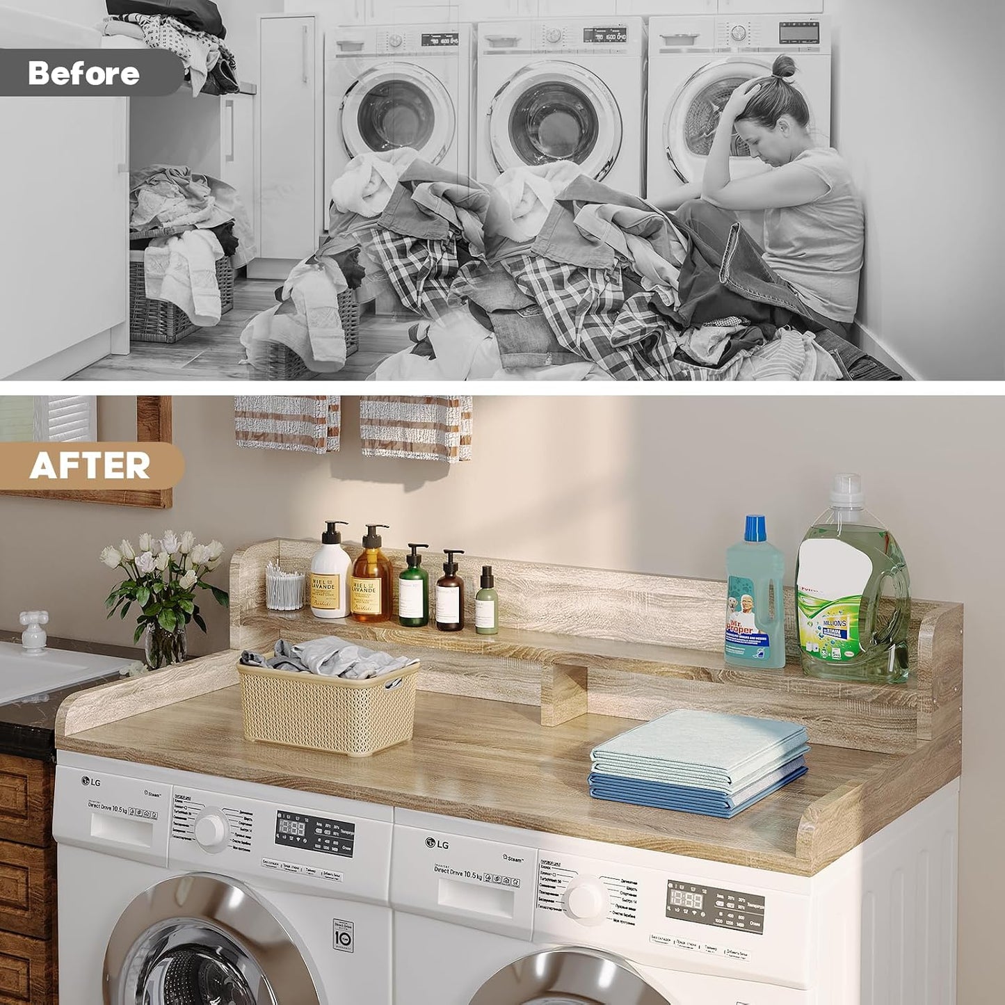 2-Tier Washer Dryer Countertop with 2.75" H Edge Rails, 54" W x 27.55" D Laundry Countertop for Folding Clothes, Washer and Dryer Topper with Non-Slip Pad (Dark Walnut)