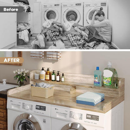 2-Tier Washer Dryer Countertop with 2.75" H Edge Rails, 54" W x 27.55" D Laundry Countertop for Folding Clothes, Washer and Dryer Topper with Non-Slip Pad (Dark Walnut)