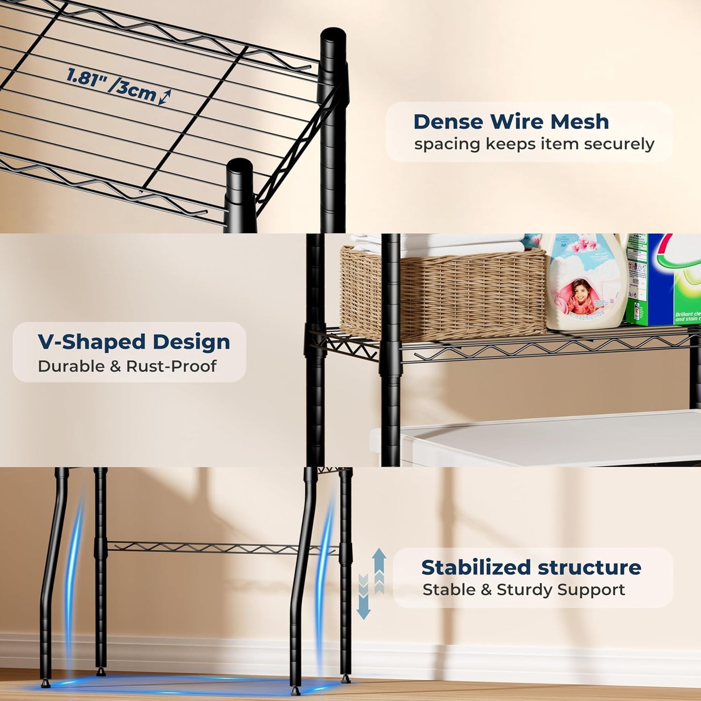 Laundry Room Storage Shelf & Organizer, 2 Tier Metal Over Washer and Dryer Shelves, Washing Machine Shelf with Hanger Rod, Expandable Bathroom Space Saver Shelf, 26–37" L x 15.8" W x 59.5" H, Black