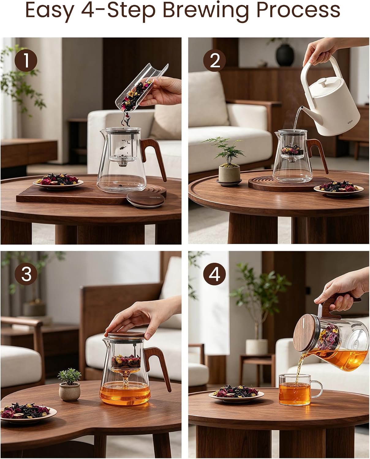 ZENS Magnetic Glass Infuser Teapot for Loose Tea, 27oz Walnut Wood Handle | Magic Teapot with Infuser, Echanted Tea Maker, Mess-Free Loose Leaf Tea Diffusers for Tea lover Gifts