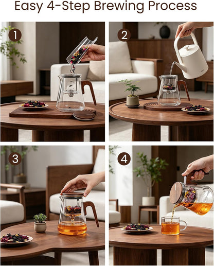 ZENS Magnetic Glass Infuser Teapot for Loose Tea, 27oz Walnut Wood Handle | Magic Teapot with Infuser, Echanted Tea Maker, Mess-Free Loose Leaf Tea Diffusers for Tea lover Gifts