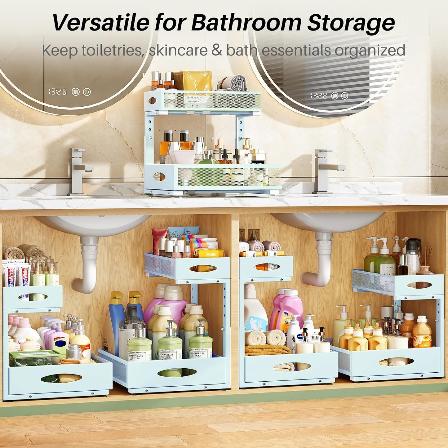 Under Sink Organizer, 2-Pack Pull Out Cabinet Organizer 2 Tier Metal Slide Out Storage Shelf Rack, L-Shaped Adjustable Height,Mesh Sliding Drawer for Kitchen, Bathroom, Laundry, Pantry, White, XL