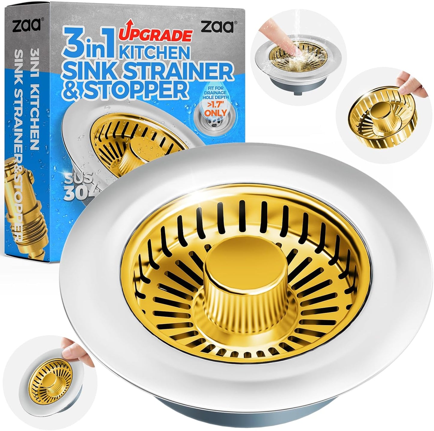 3 in 1 Kitchen Sink Drain Strainer Stopper Removable Basket Pop-Up | Kitchen Sink Food Strainer 1 Pack Silver Stainless - Food Catcher, Odor-Block Seal, Fits 3.5" Drain, Easy Clean